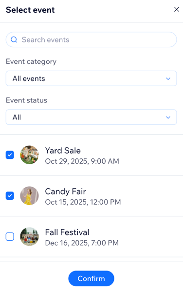A screenshot of selecting an event to display in the Wix Editor.