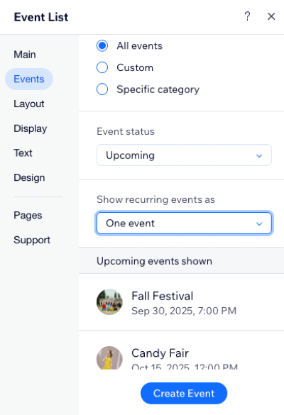 A screenshot of the Events tab for a recurring event in the Wix Editor.