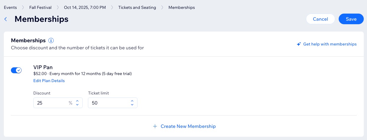 A screenshot of applying a membership plan to an event.