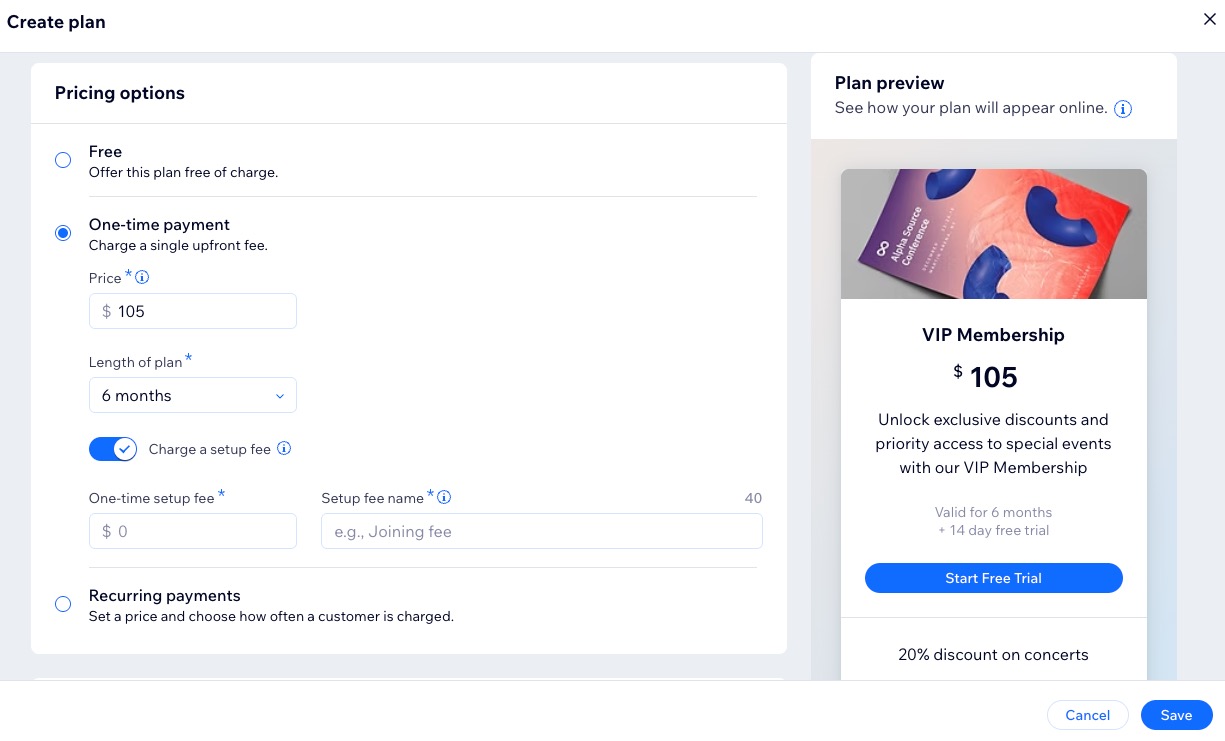 A screenshot of the Membership plans option for an event in a site's dashboard.