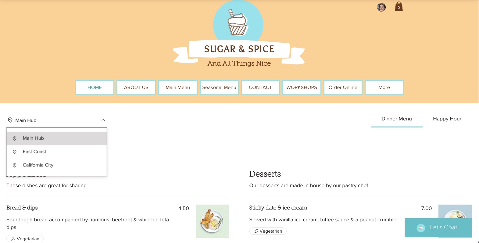 Captura de pantalla de la página de menús con varias ubicaciones de restaurantes.