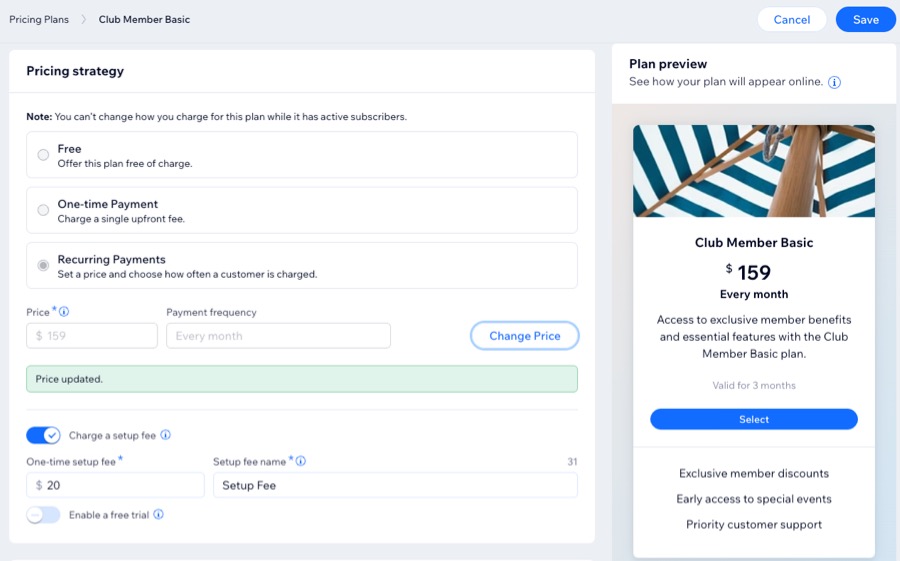 A screenshot the option to Change Price of a pricing plan.