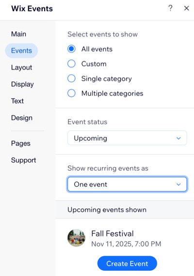 A screenshot of the Events tab for a recurring event in the Wix Editor.