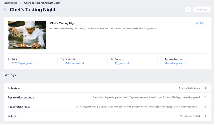Een screenshot van de instellingenpagina voor een ervaring.