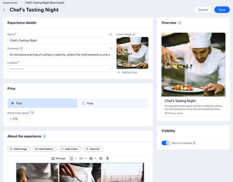 Een screenshot van het invoeren van een ervaring voor tafelreserveringen.