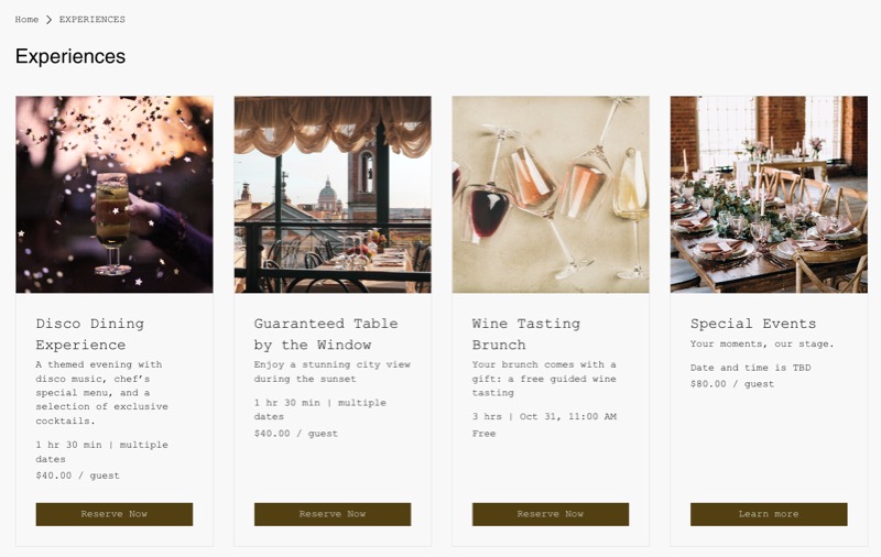 Een screenshot van een lijst met belevingen op een website.