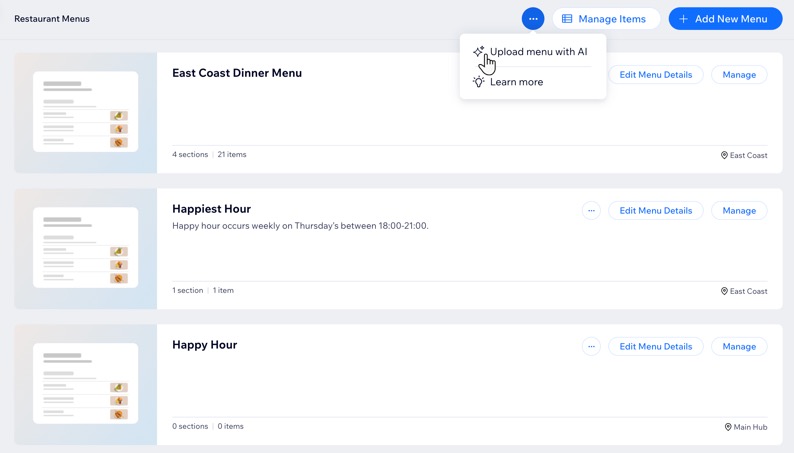 Bir sitenin kontrol panelinde yapay zeka içeren menü yükleme seçeneğinin seçilmesine ilişkin ekran görüntüsü.