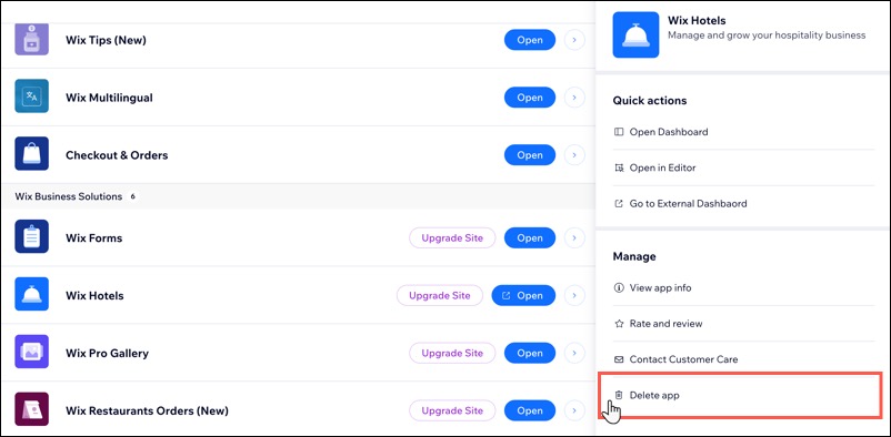 사이트에서 이전 Wix 호텔을 삭제하는 방법을 보여주는 스크린샷