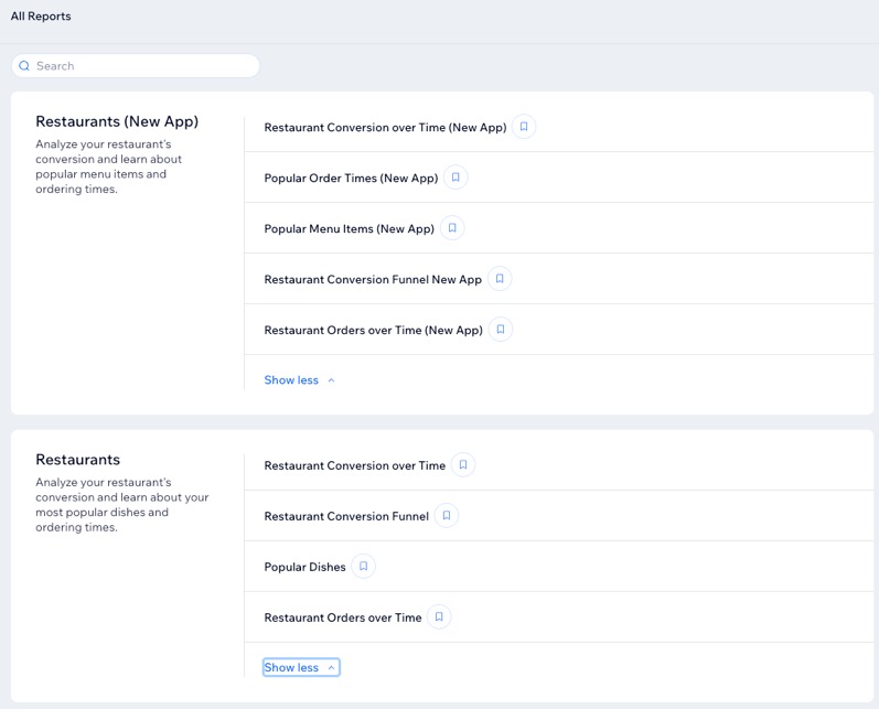 A screenshot of the Restaurants report sections in the All Reports page in a site's dashboard.