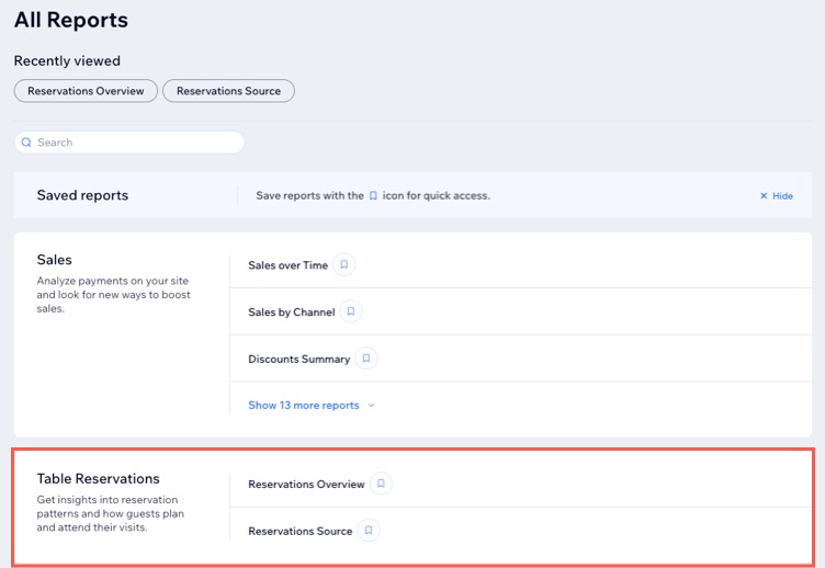 A screenshot of the Table Reservations report types in the All Reports page in a site's dashboard.