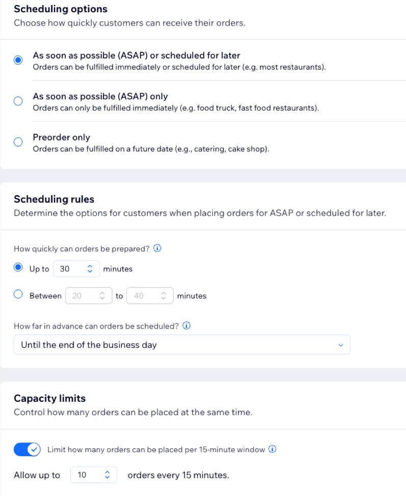 A screenshot of the Wix dashboard showing options for ASAP or scheduled order settings.