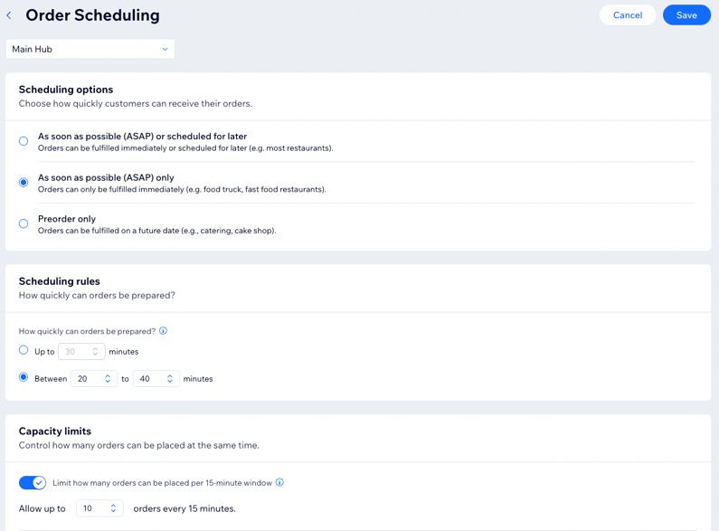 A screenshot of the Wix dashboard showing options for ASAP settings.