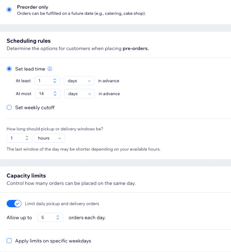Screenshot der Einrichtung der Bestellplanung für „Nur Vorbestellungen“ in der Website-Verwaltung.