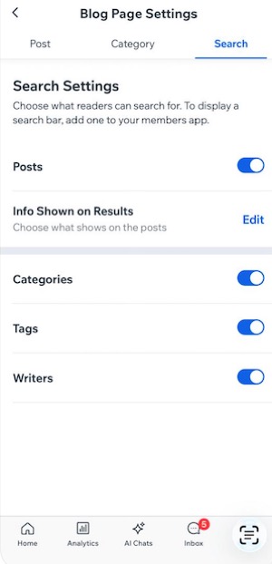 Uma captura de tela das Configurações da página do blog no app Wix.