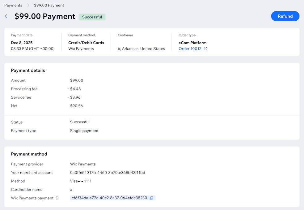 A screenshot of payment details that include a Processing fee and Service fee.
