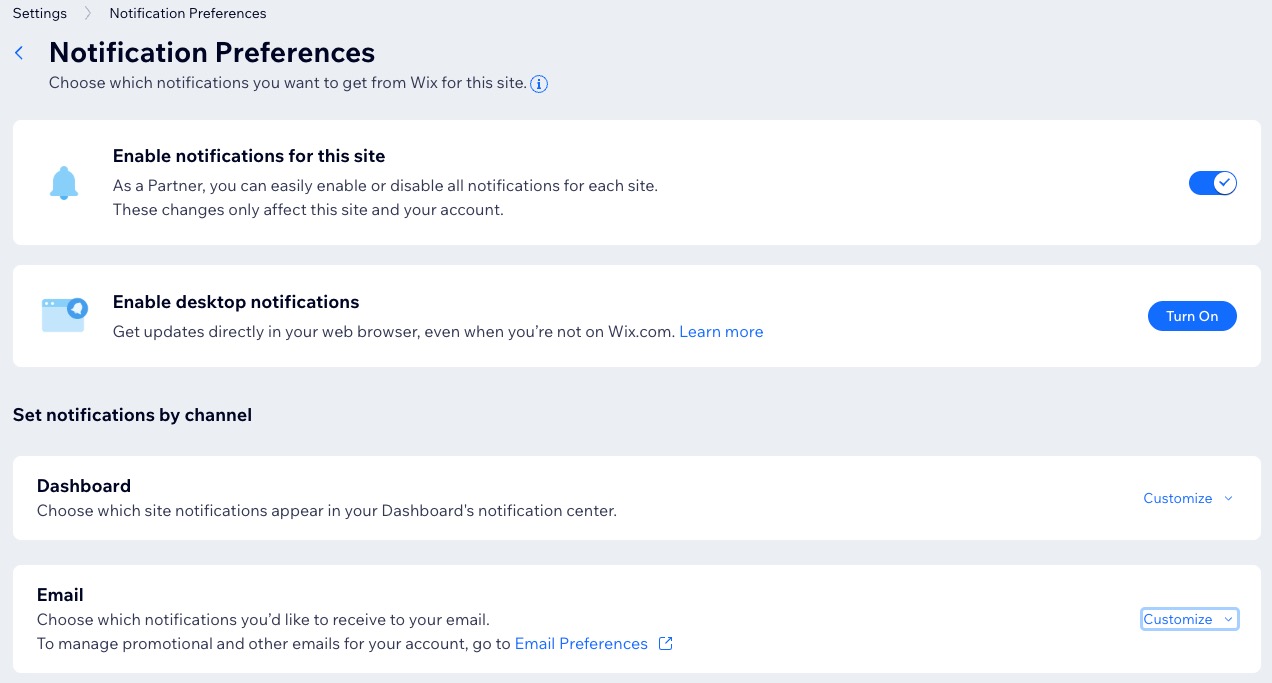 צילום מסך של חלונית Notifications Preferences בדאשבורד של האתר.