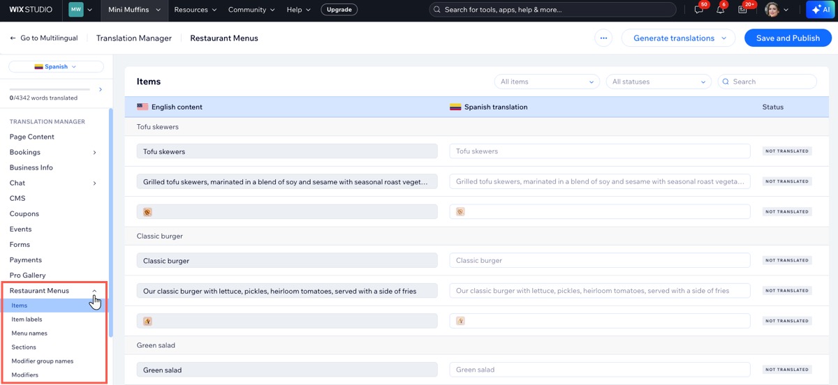 A screenshot of the translation manager for Restaurant Menus in a site's dashboard.
