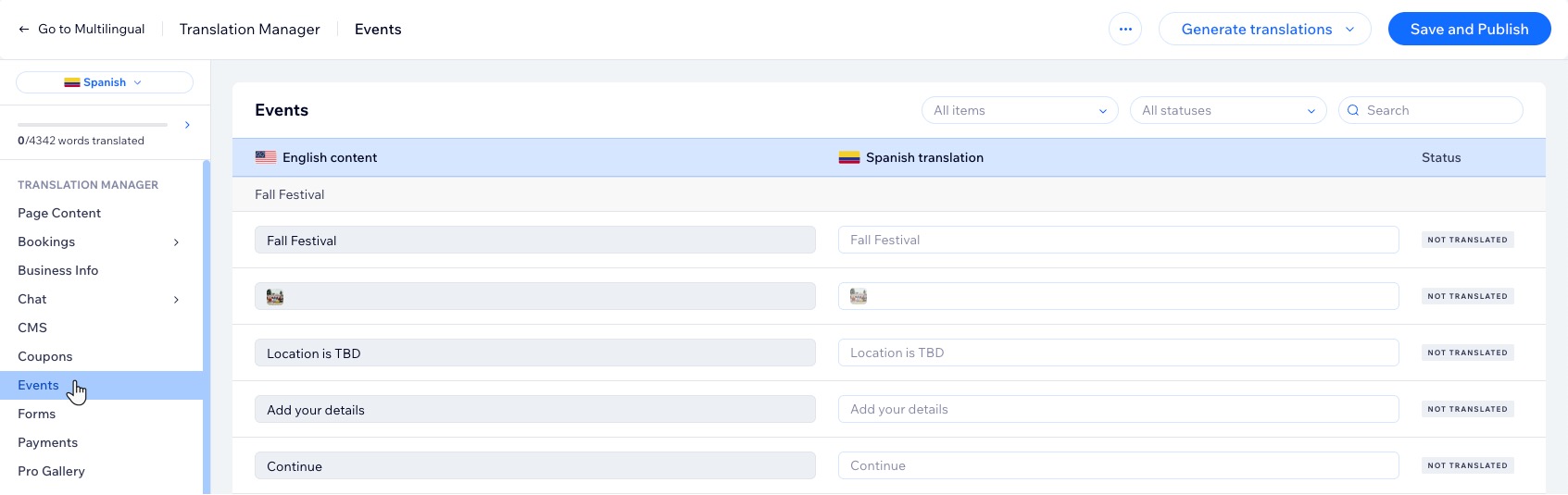 A screenshot of the translation manager for Events in a site's dashboard.