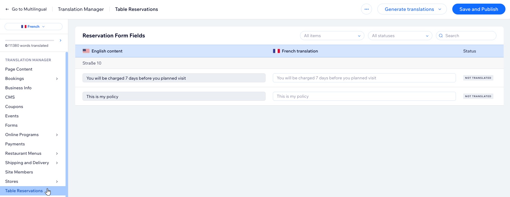 A screenshot of the translation manager for Table Reservations in a site's dashboard.