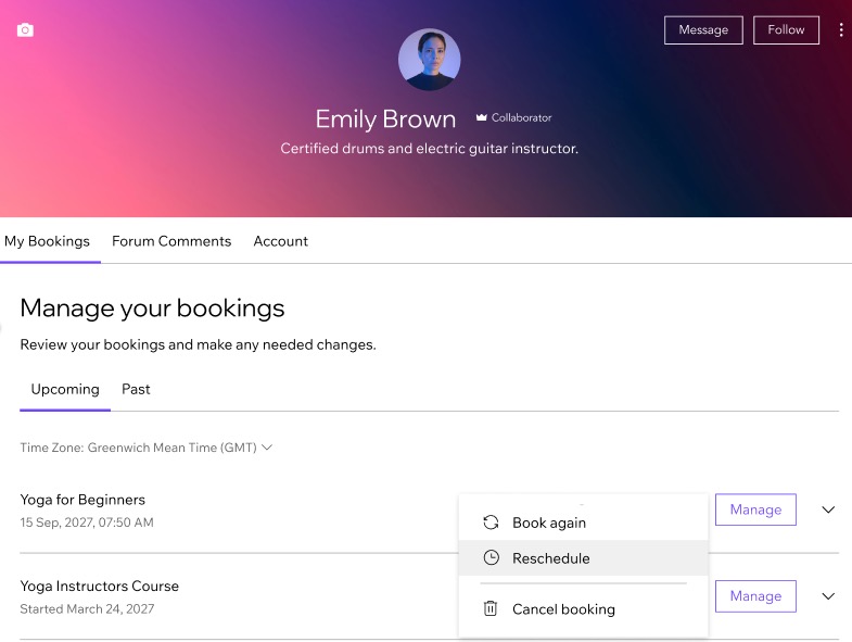 Screenshot della scheda Le mie prenotazioni in cui i clienti membri possono annullare o riprogrammare le loro prenotazioni