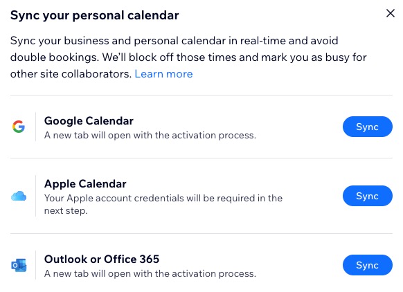 A screenshot of the Sync your personal calendar panel in a site's dashboard.