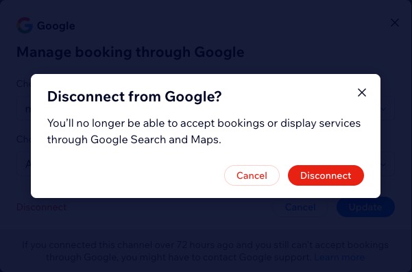 A screenshot showing how to disconnect a google business profile from a site's dashboard.