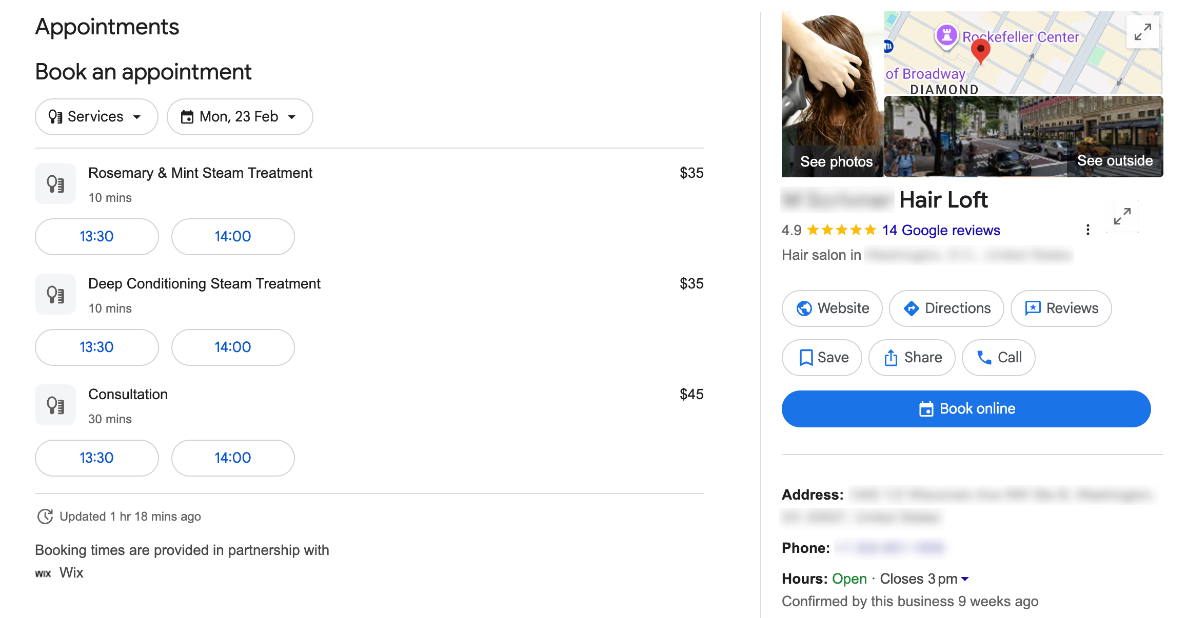 A screenshot of a booking availability on google, provided by Wix.