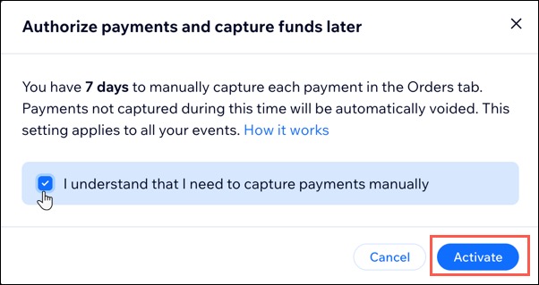A screenshot of activating authorized payments for events.