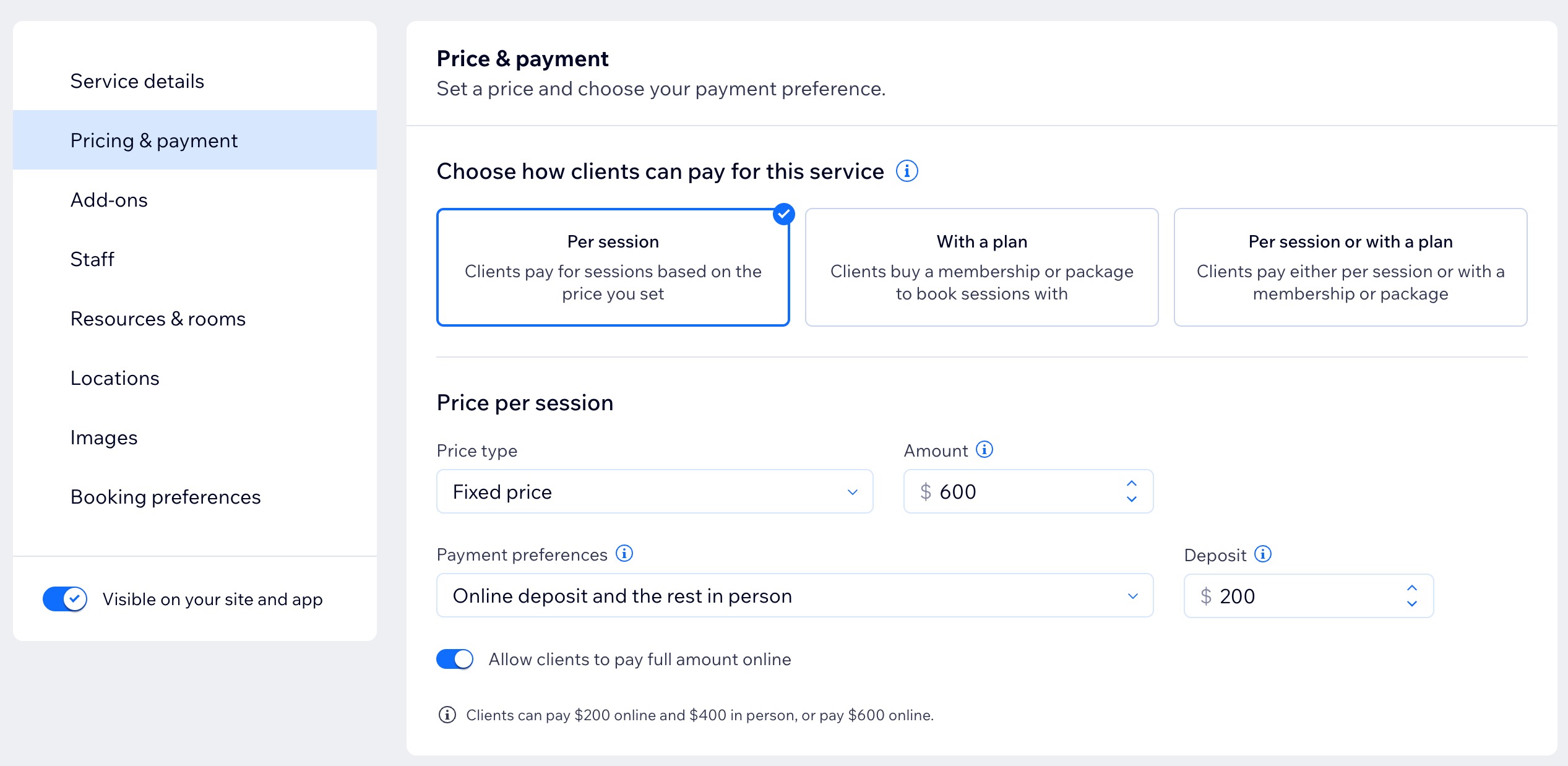 서비스 예약 시 예약금을 요청하는 설정 스크린샷