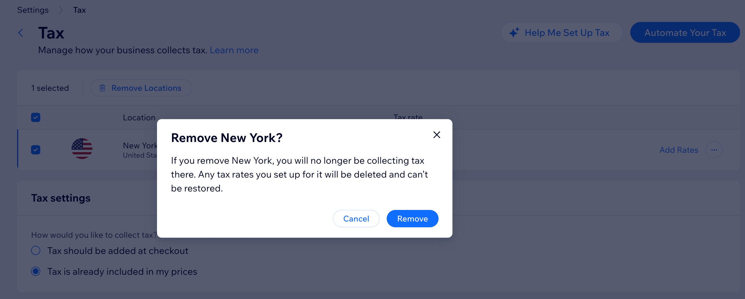 A screenshot of removing a location from collecting tax.