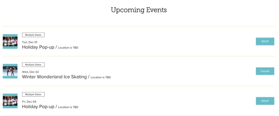 A screenshot of an event list layout in the Wix Editor.