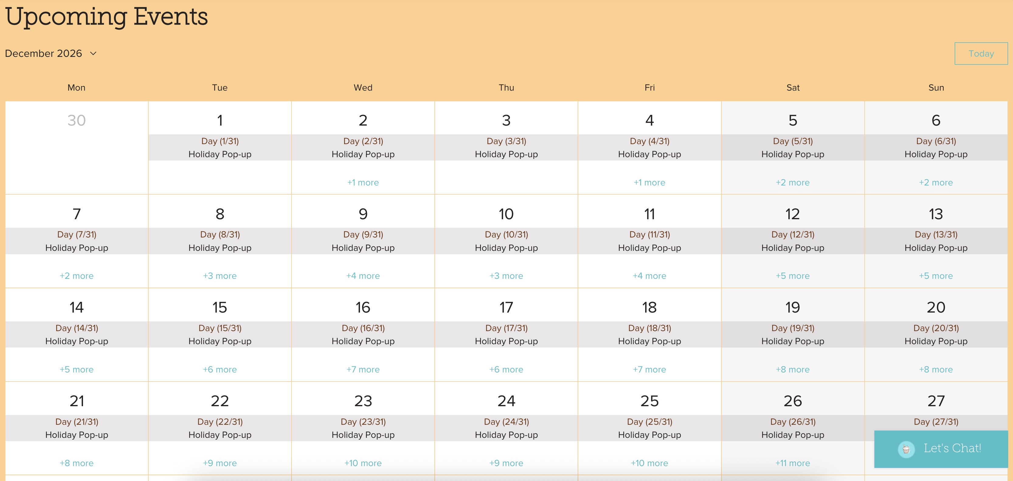 A screenshot of an events calendar on a live site.