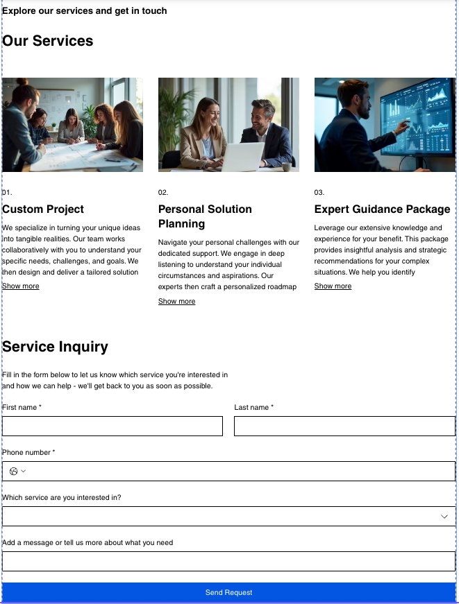 A screenshot of an Inquiry Services Page on a live site.