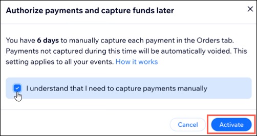 A screenshot of activating authorized payments for events.