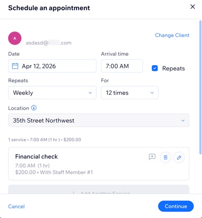 A screenshot showing the Schedule an appointment page to edit the session details when it repeats.