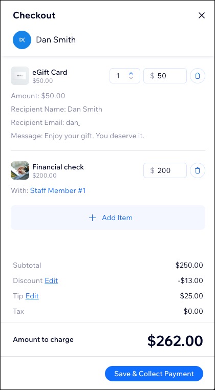 A screenshot of the Checkout side panel in a Wix Bookings calendar.