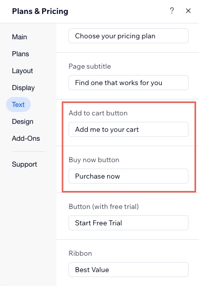 A screenshot of the Text tab where you can enter the relevant cart buttons text in the Wix Editor.