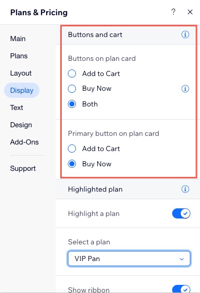 A screenshot of the Display tab where you can add the relevant cart buttons to a pricing plan in the Wix Editor.