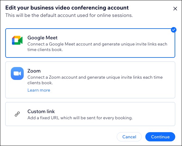 A screenshot of the available video conferencing accounts for Wix Bookings.