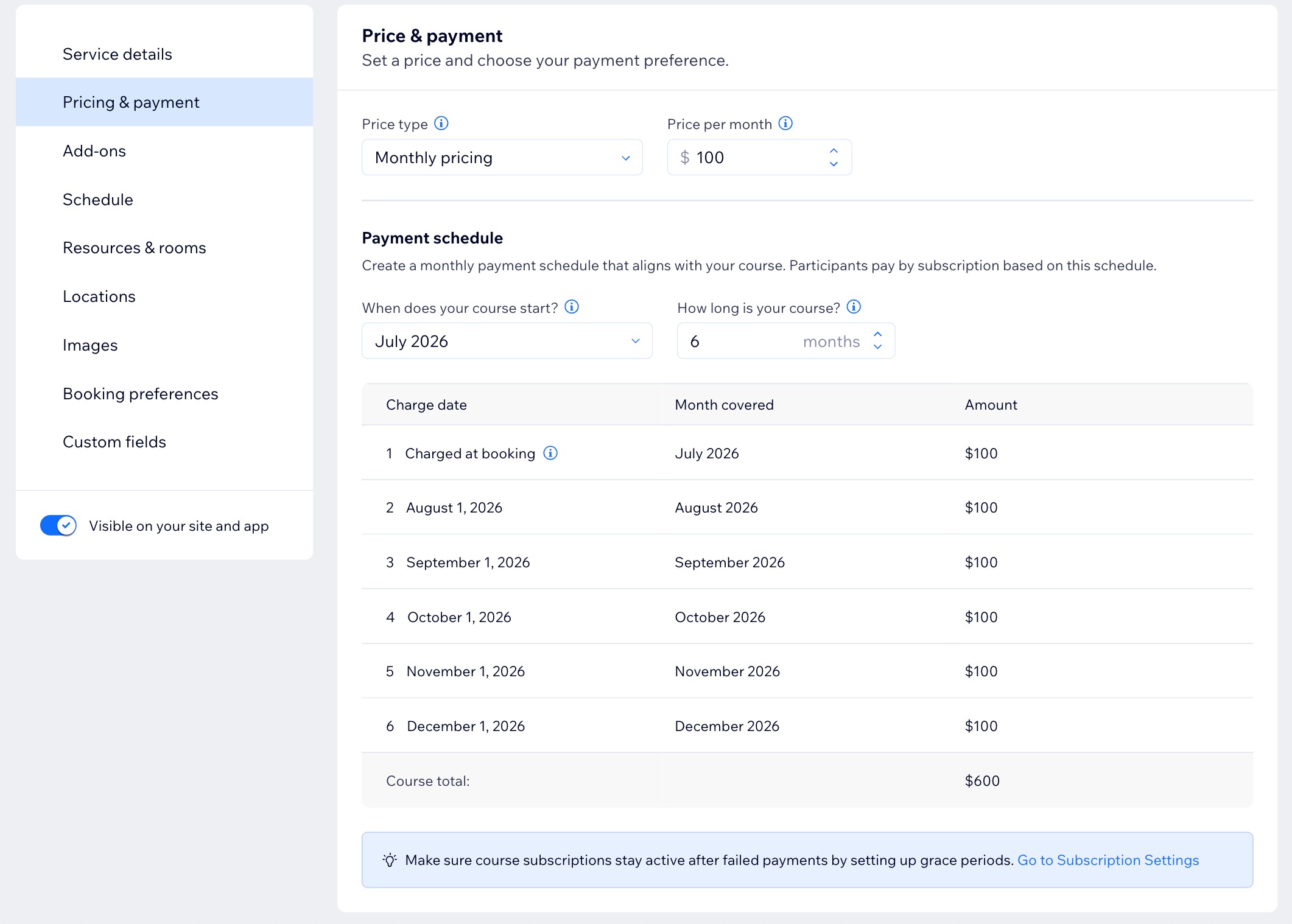 A screenshot of the Pricing & payments panel in a site's dashboard for Wix Bookings.