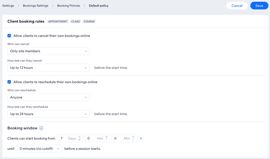 A screenshot of the Client booking rules panel in the Booking Policies settings.