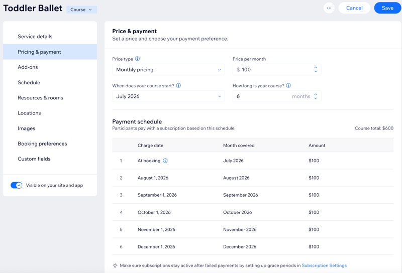 A screenshot of setting up a monthly pricing payment schedule in a site's dashboard.