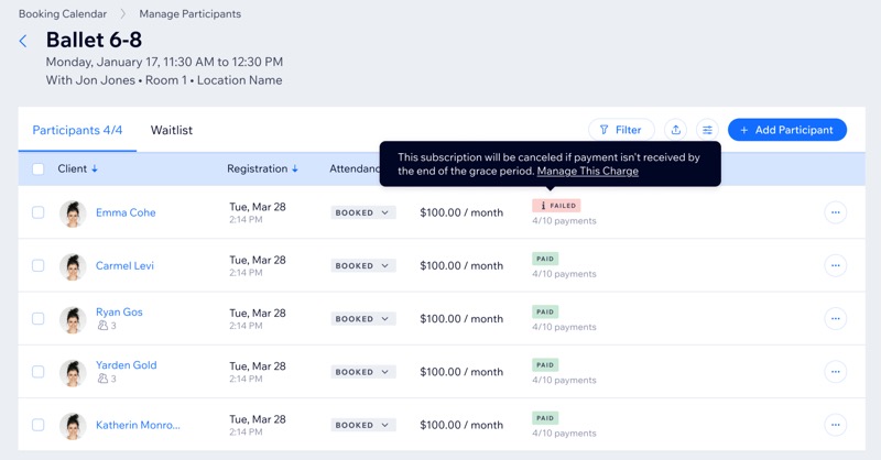 A screenshot of a list of monthly course participants and their payment status (Paid / Failed).