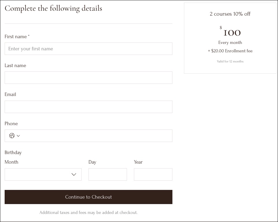 A screenshot of a form on a live site before a customer continues to checkout.