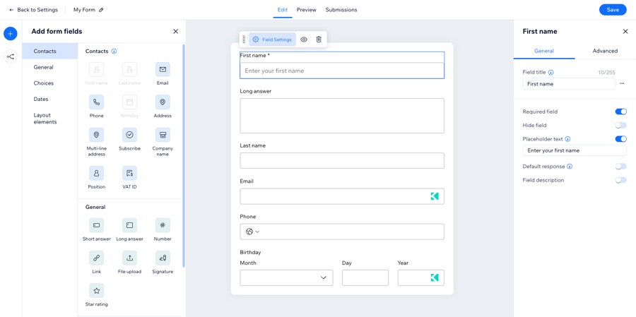 A screenshot of adding form fields to a custom form for a pricing plan.