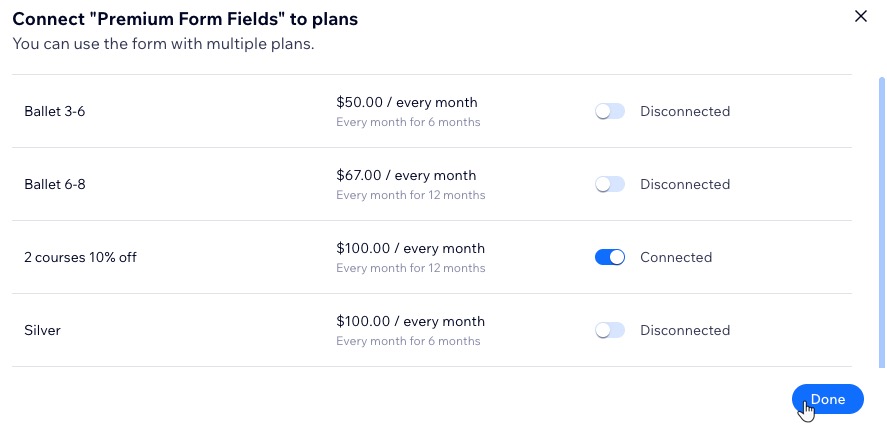 A screenshot showing how to manage which plans are connected to a custom form.