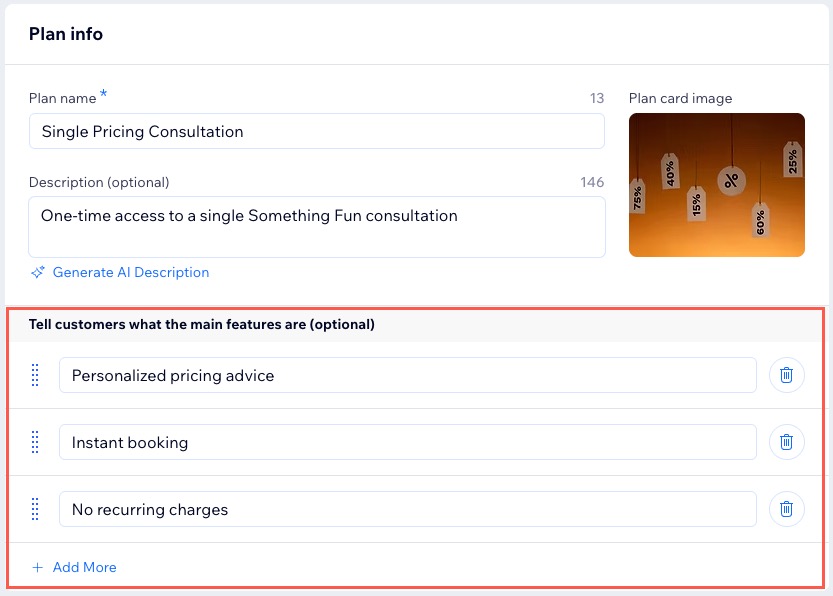 A screenshot of adding main features to a plan in a site's dashboard.