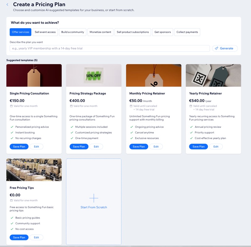 A screenshot of the available pricing plan templates in a site's dashboard.