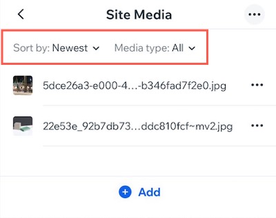 A screenshot displaying the option to sort and filter site media from the Wix app.