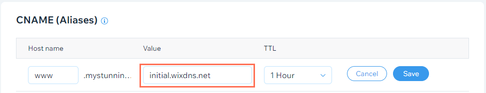 A screenshot showing where to update the value field for CNAME records. The value field is highlighted.